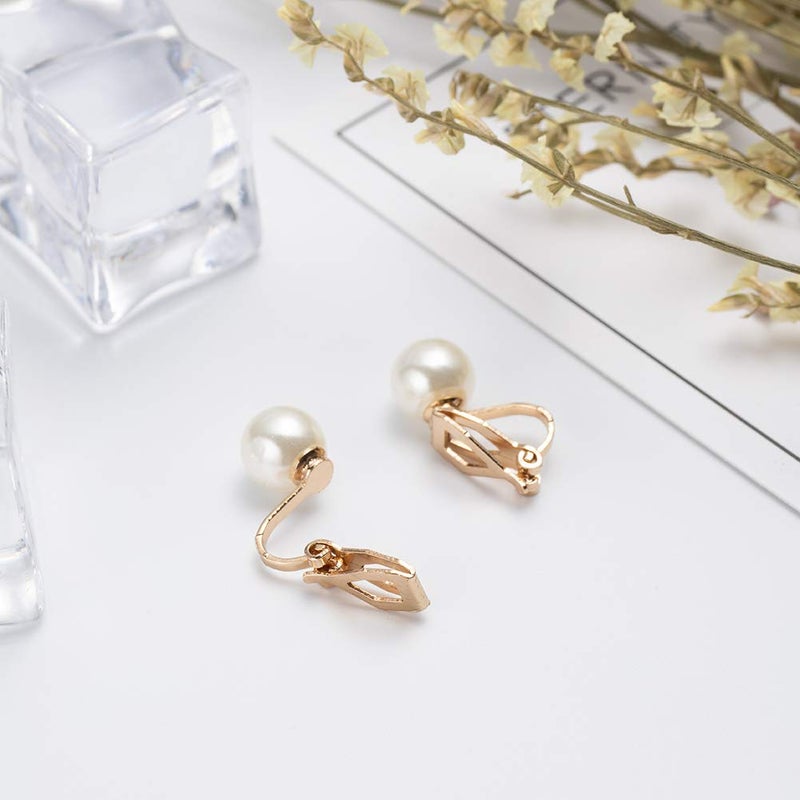 ADAIER Clip On Stud Earrings with 8mm Simulated Freshwater Shell Pearl,Non-Pierced Ears Jewelry for Women(SE-08) (Gold) - Image 4